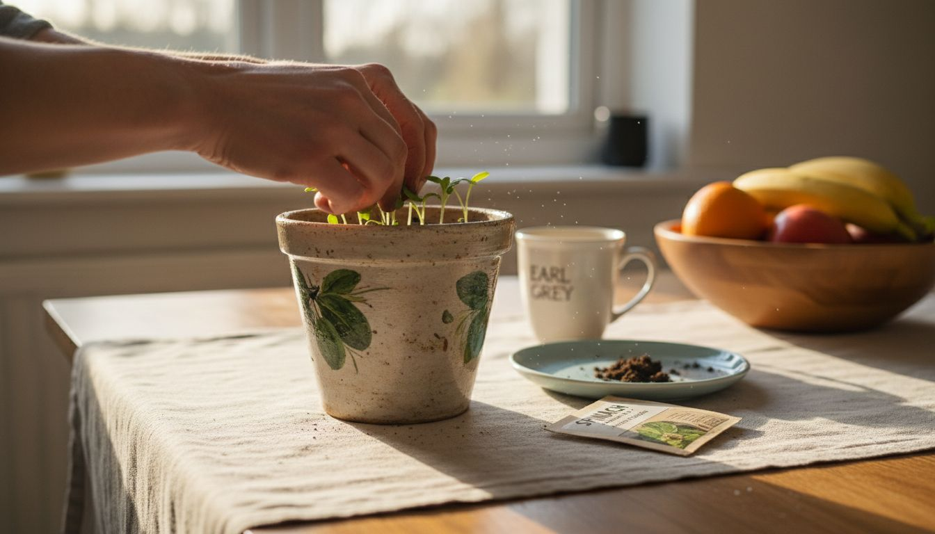 Hands planting spinach seedlings indoors