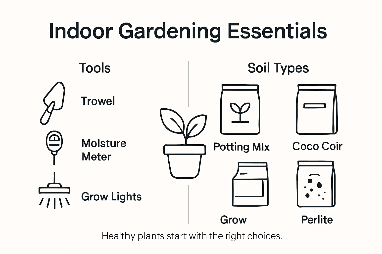 Infographic summarizing soil and tools for indoor gardening