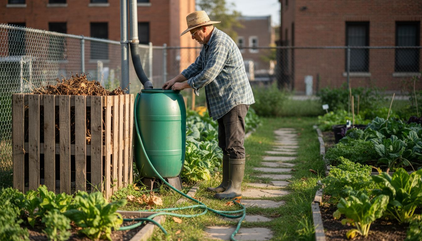 Man using compost bin and rain barrel in garden