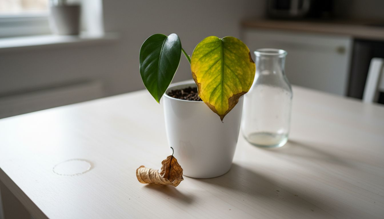 Contrast of healthy and dropped leaves on houseplant