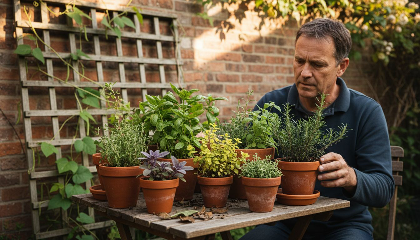 Man checking potted herbs in small backyard