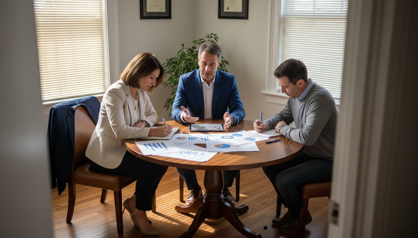 Advisor and couple discuss assets around table