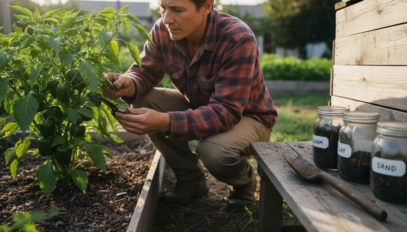 Gardener checking plant health near compost bin