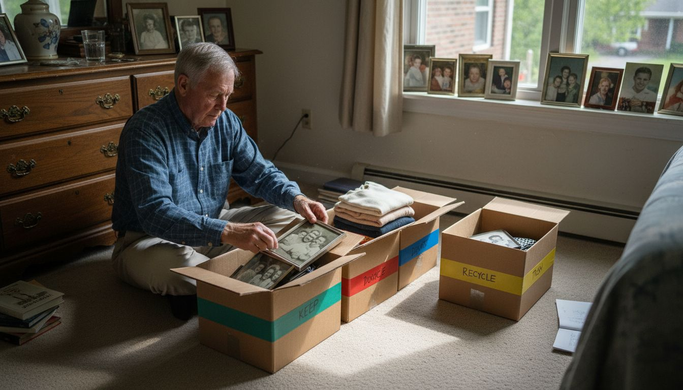 Senior sorting items in bedroom for downsizing