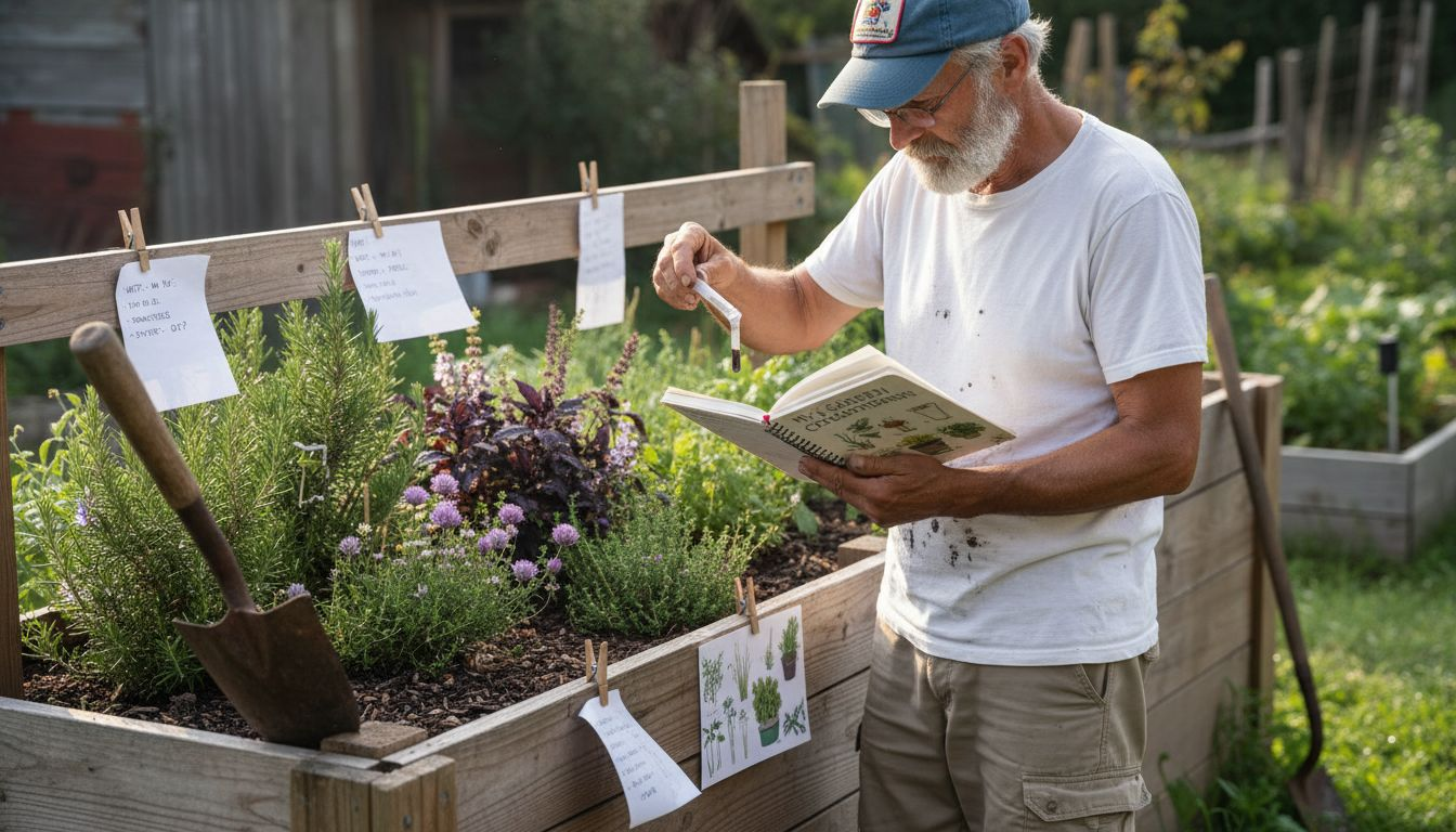 Senior checking soil with garden journal