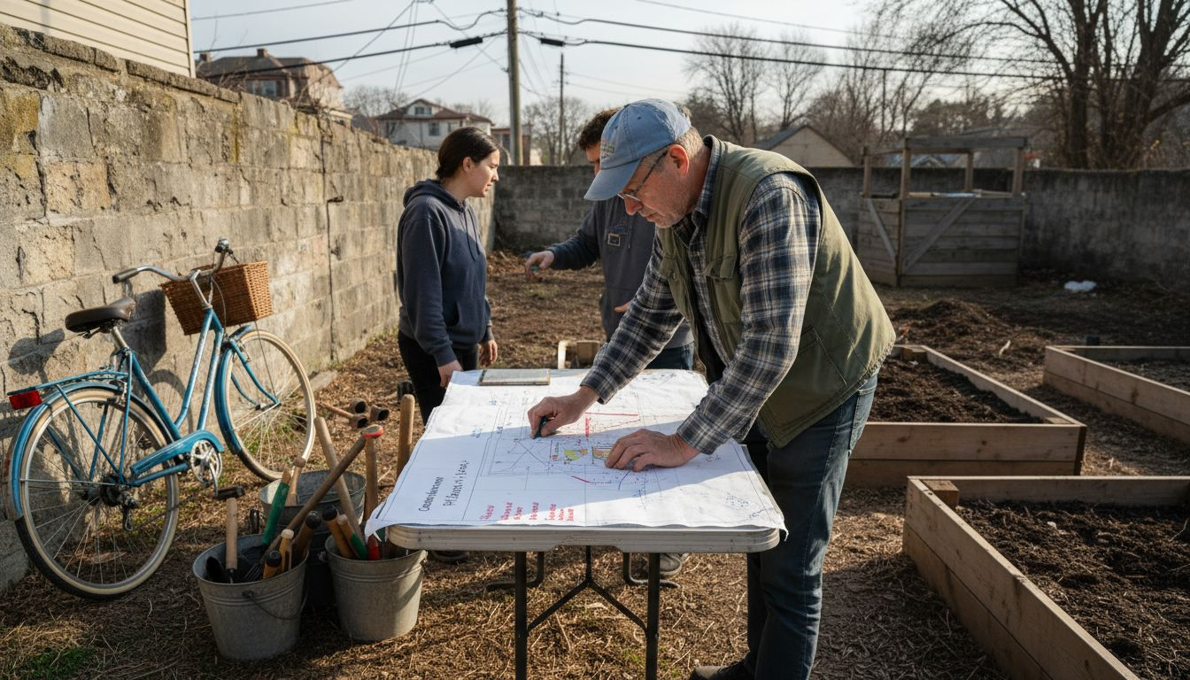 Urban planner and volunteers preparing community garden site