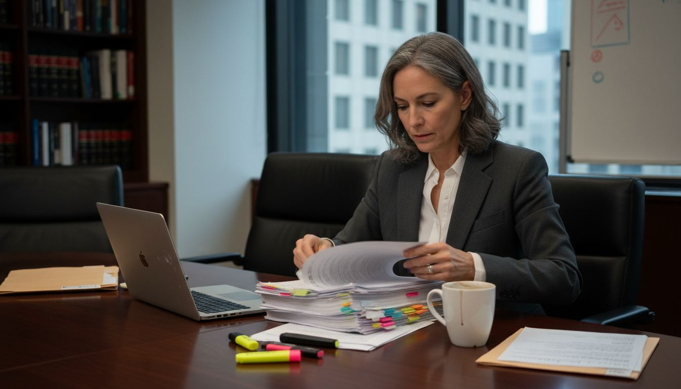 Woman reviews legal safeguards at law office table