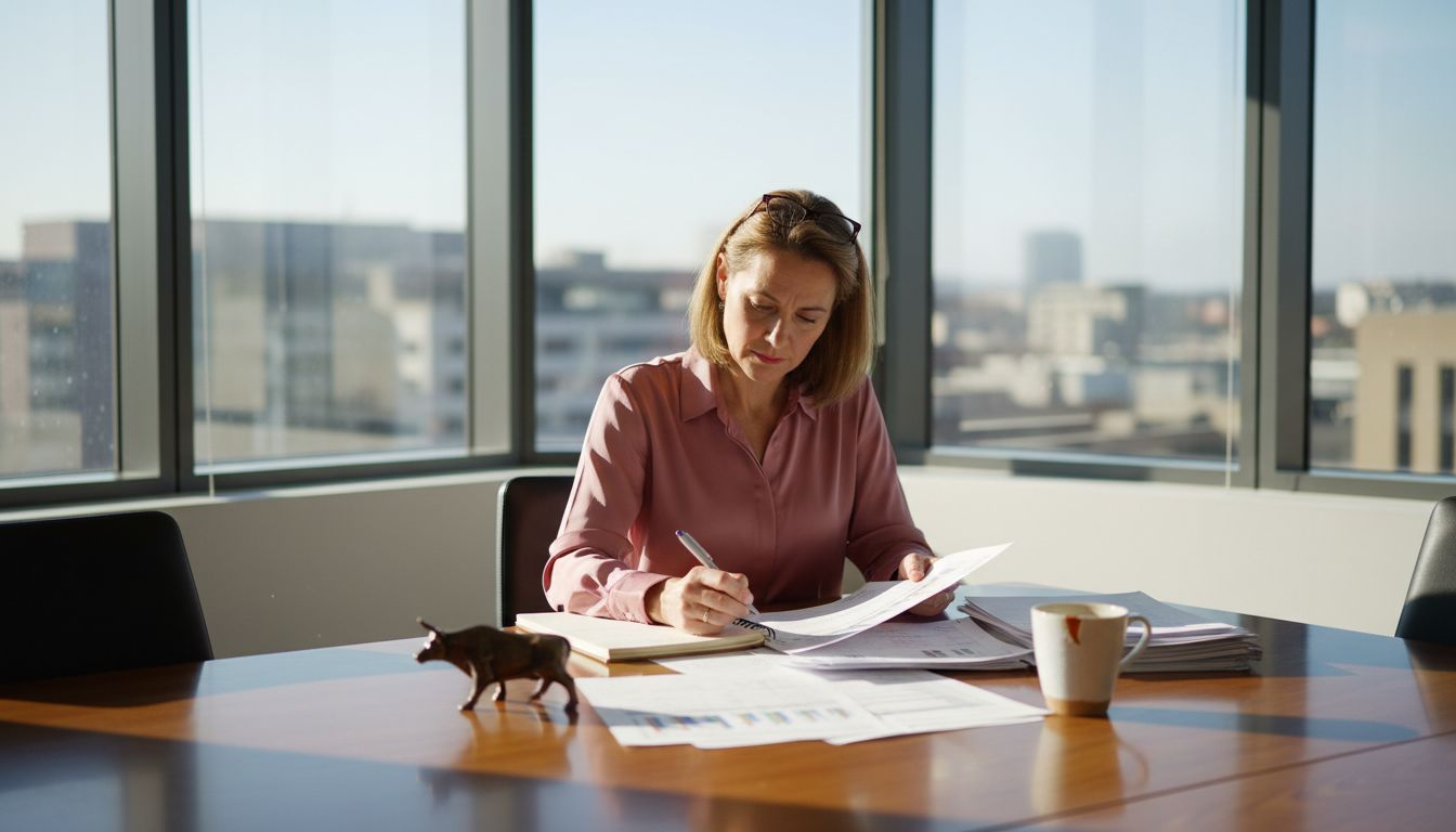 Woman reviewing printed dividend stock reports