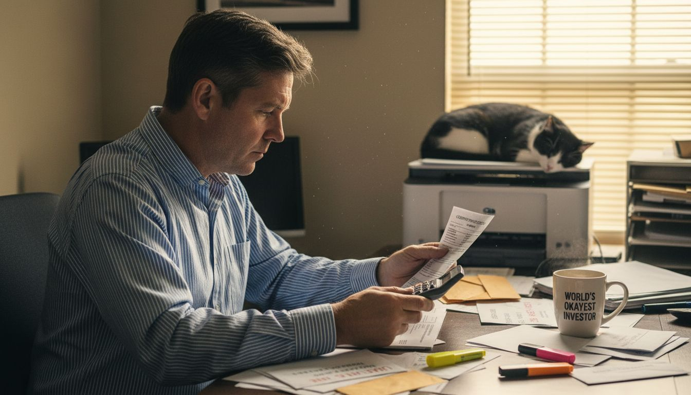 Bond investor checking printout in cluttered office