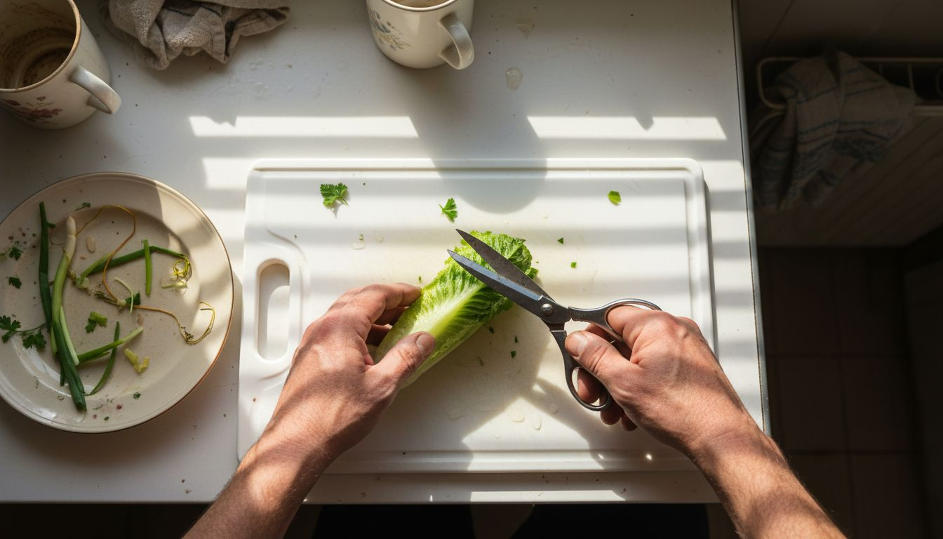 Hands trimming lettuce core for regrowth
