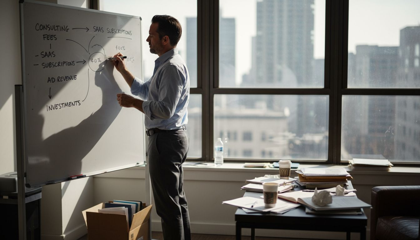 Man tracking financial progression on whiteboard