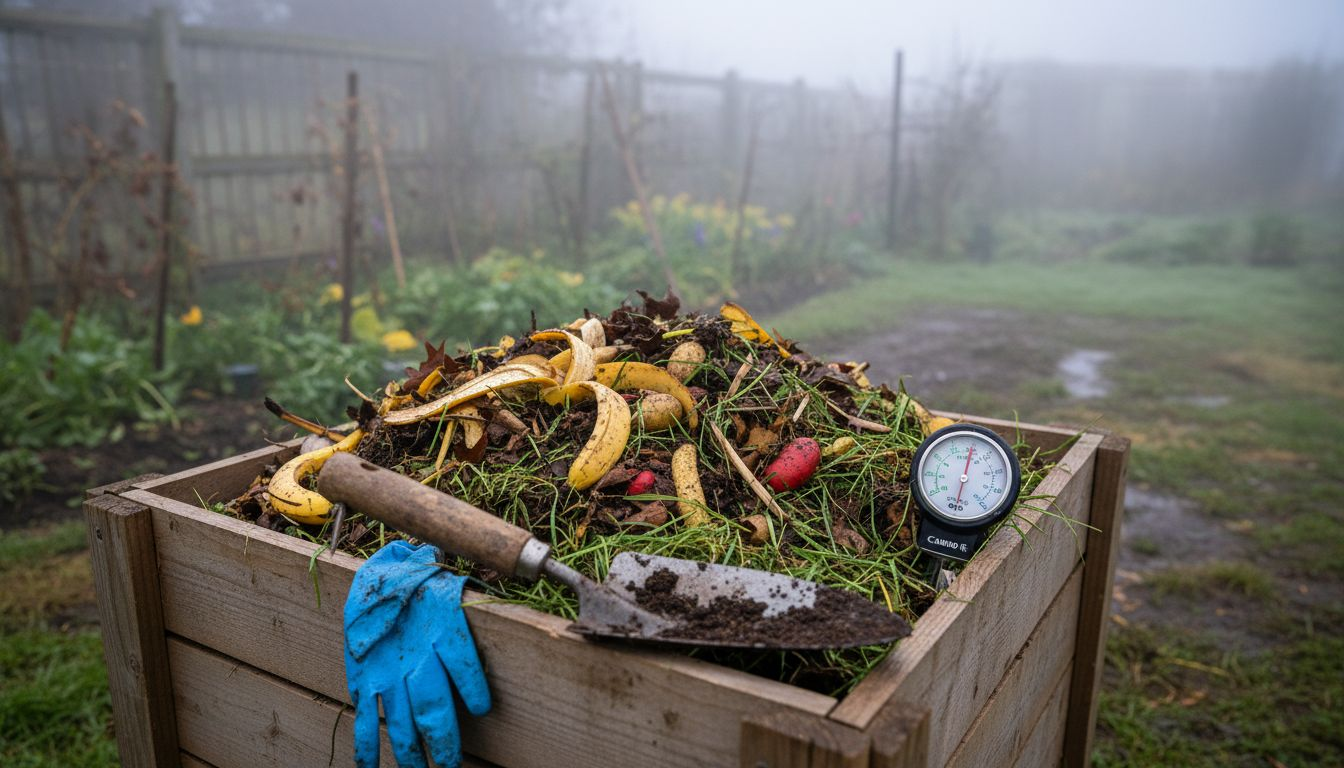 Layered compost pile with garden tools
