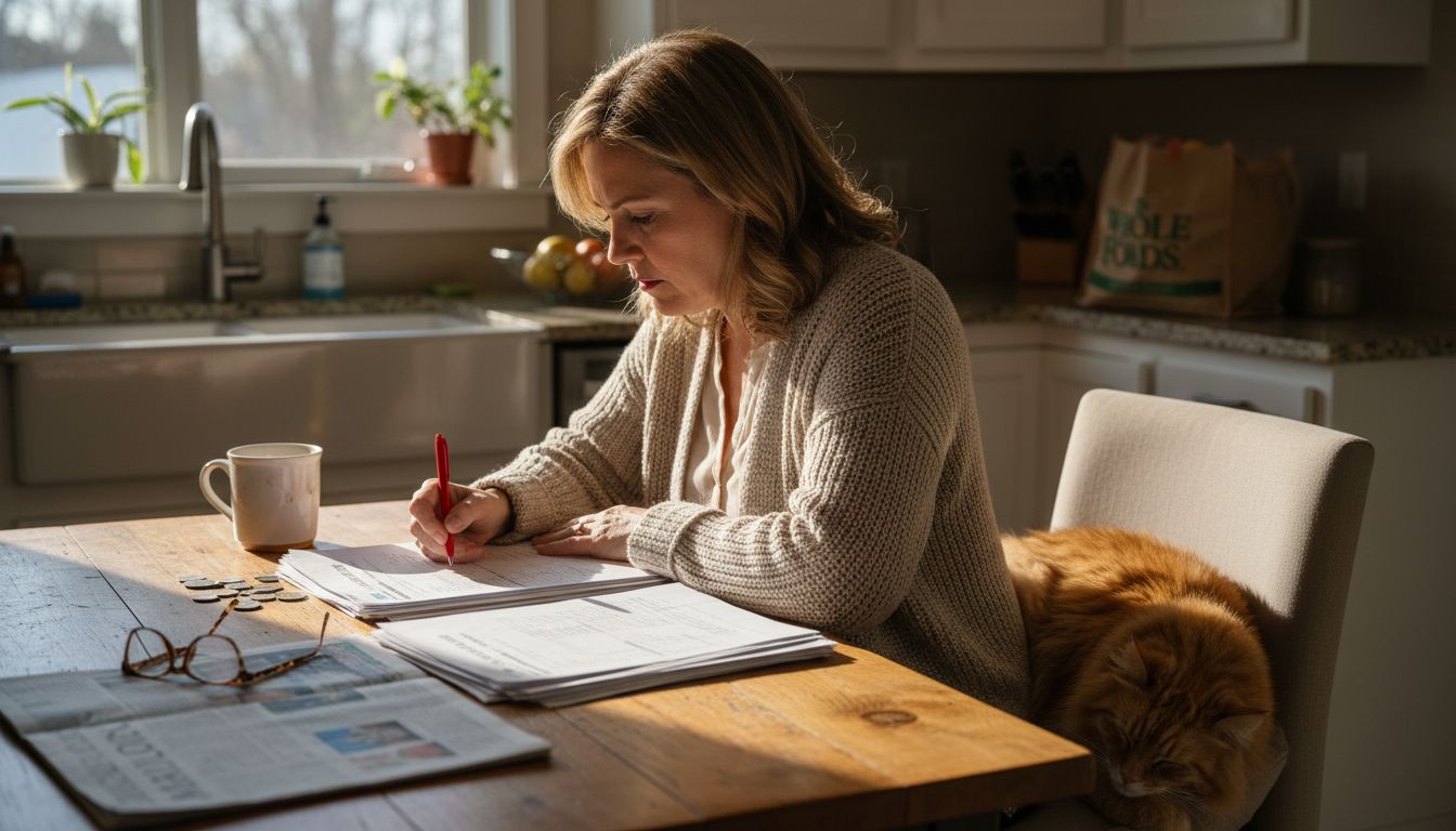 Woman reviewing investments at kitchen table