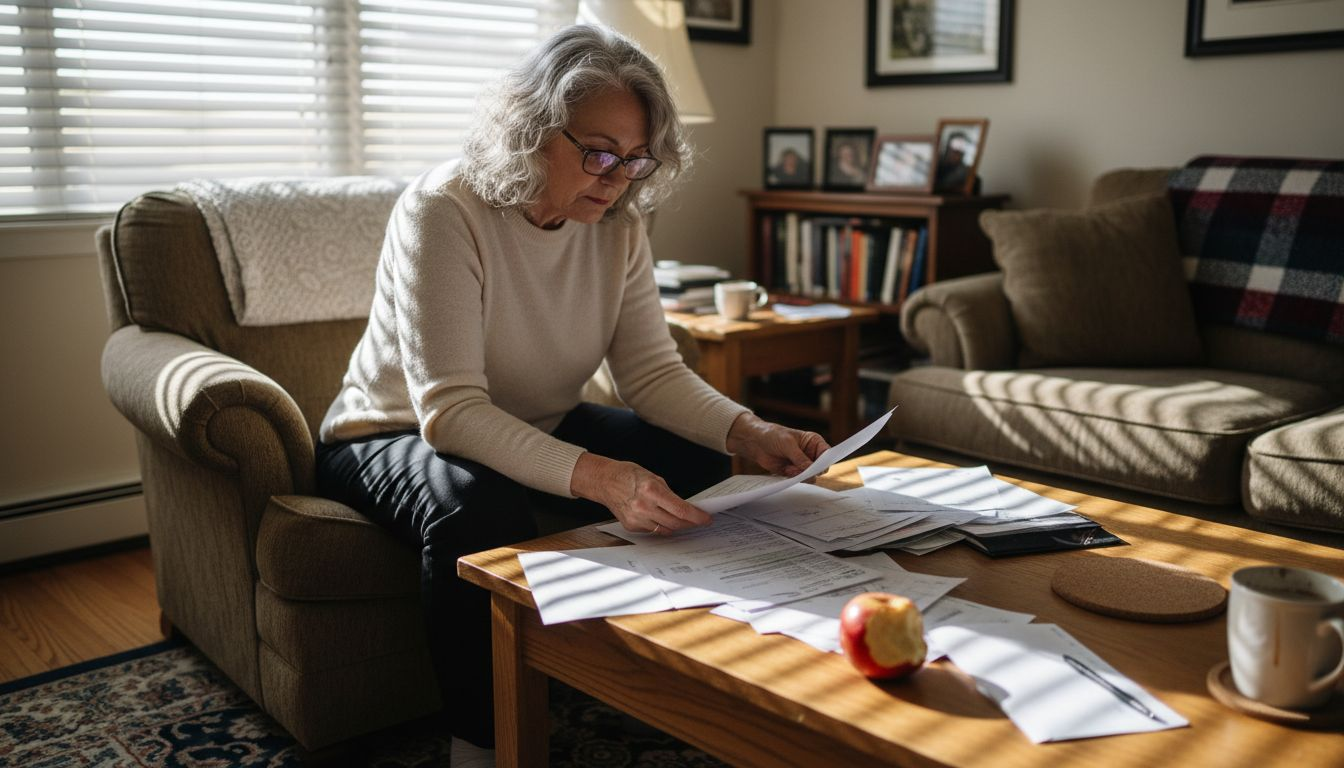 Retiree reviewing investment paperwork at home