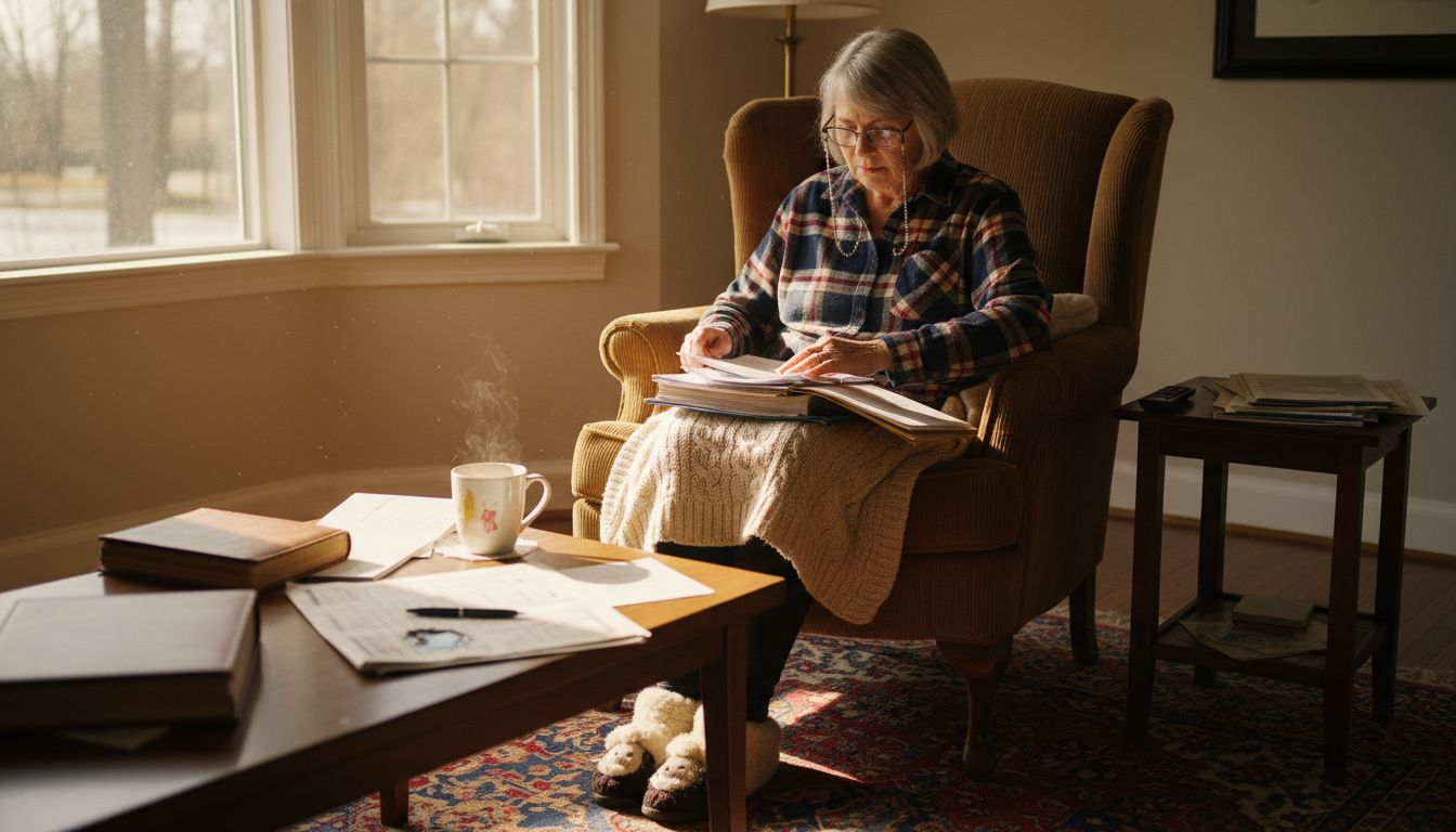 Retiree sorting financial documents at home