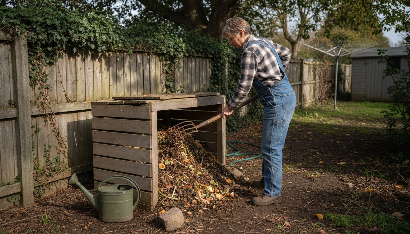 Woman aerating garden compost bin