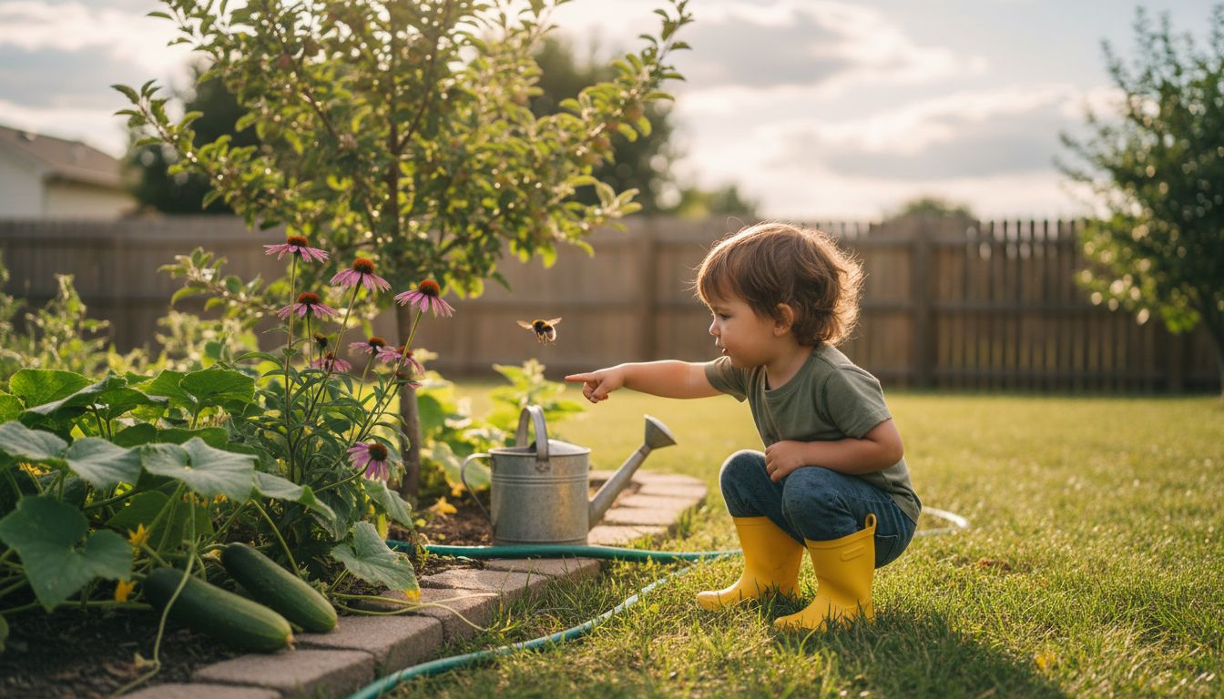 Child watching bee pollinate apple blossom