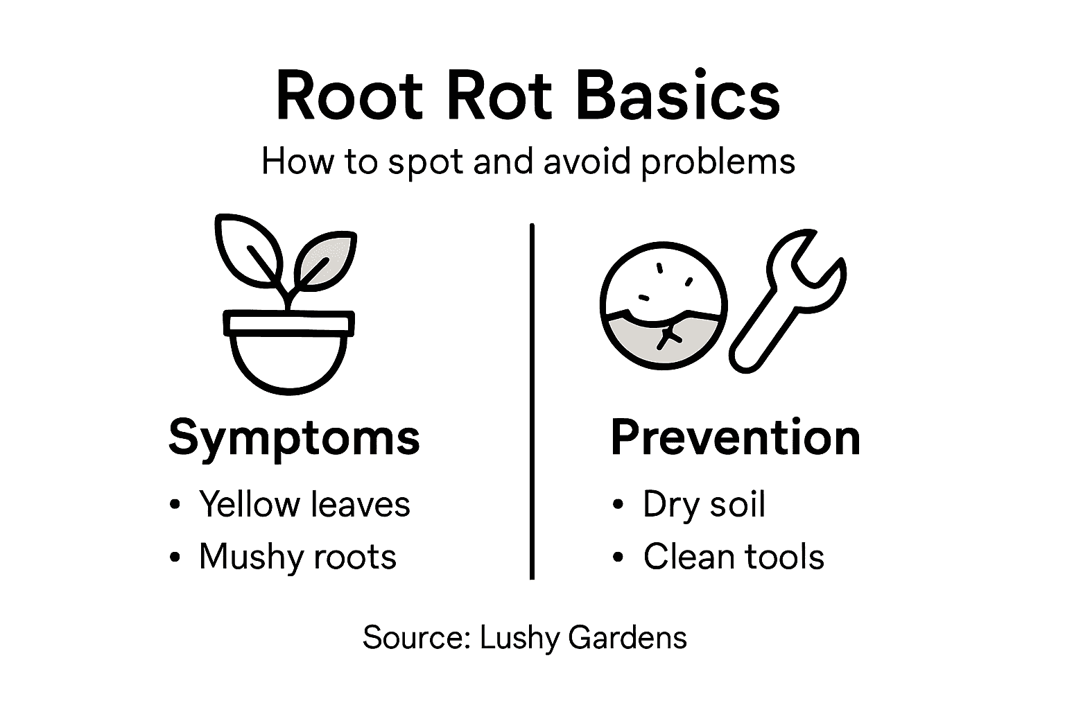 Infographic showing main root rot symptoms and prevention