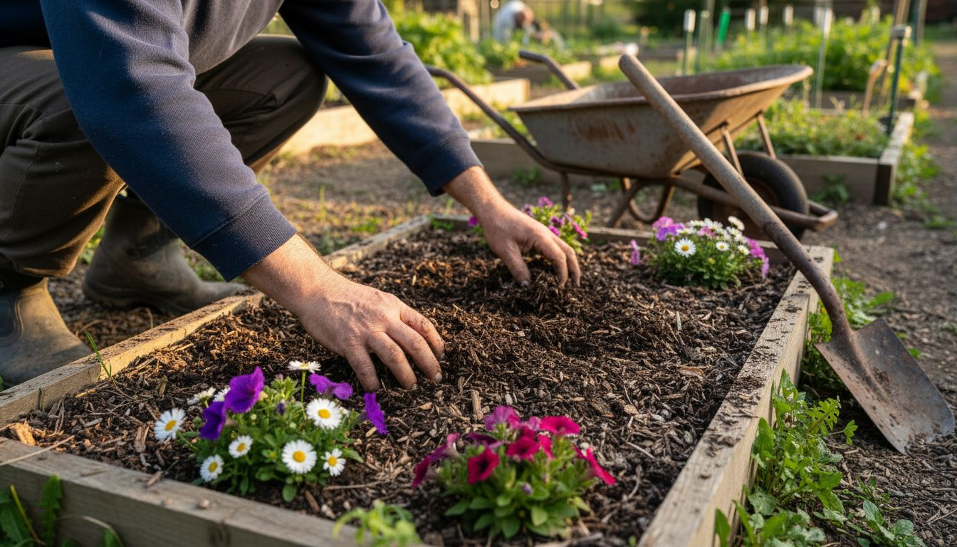 Spreading compost mulch in urban flower bed
