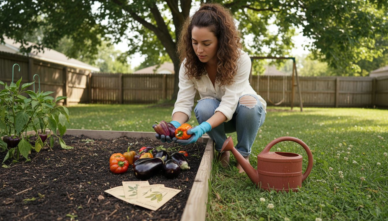 Woman tending heirloom vegetables international varieties