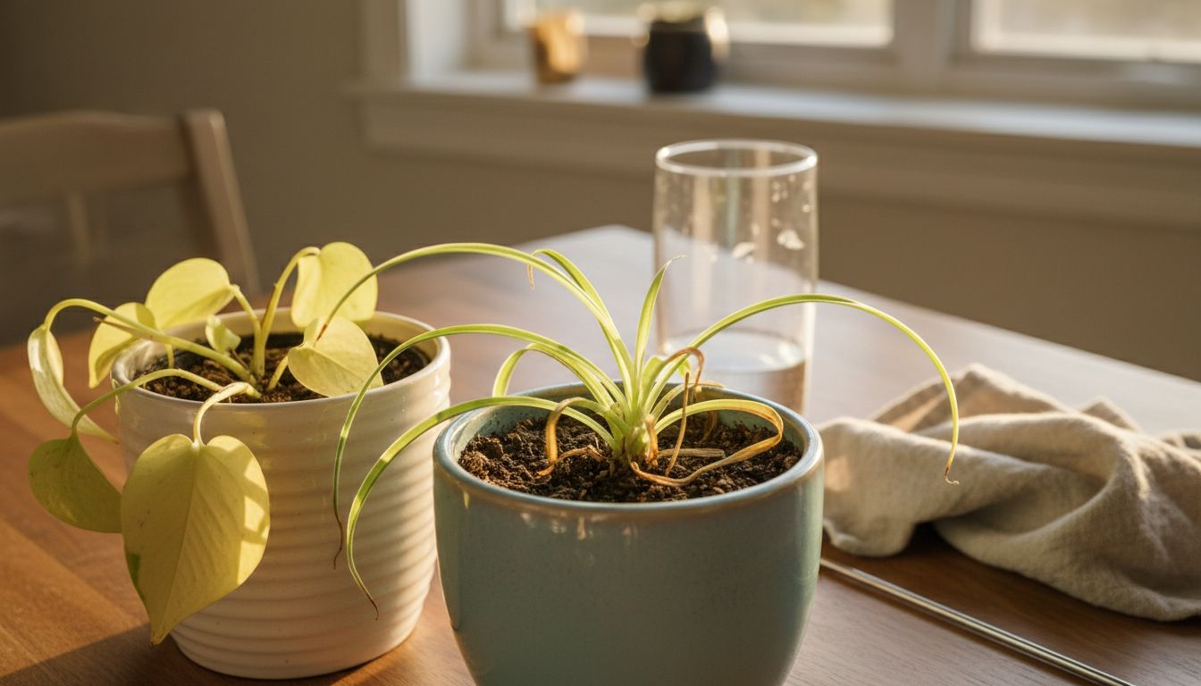 Houseplants with overwatering and underwatering symptoms