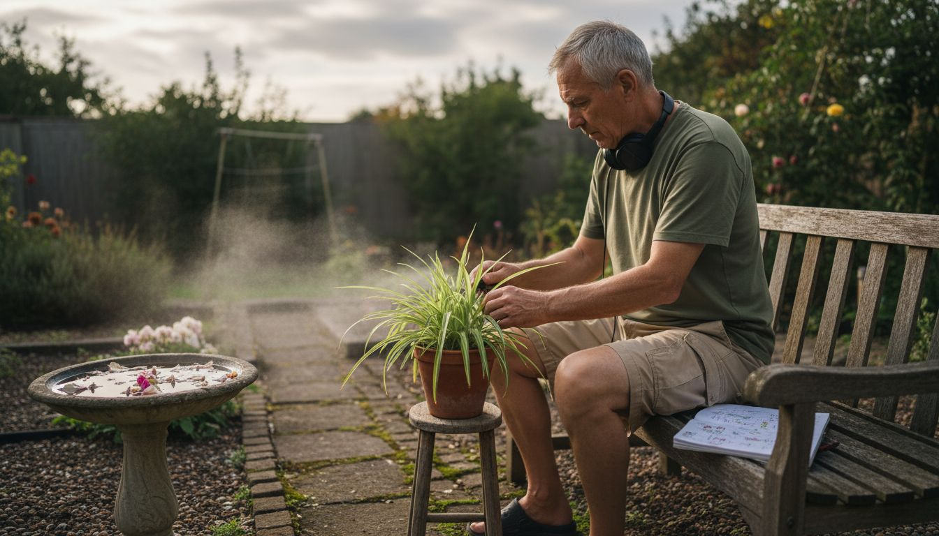 Man tending plants in a relaxed garden setting