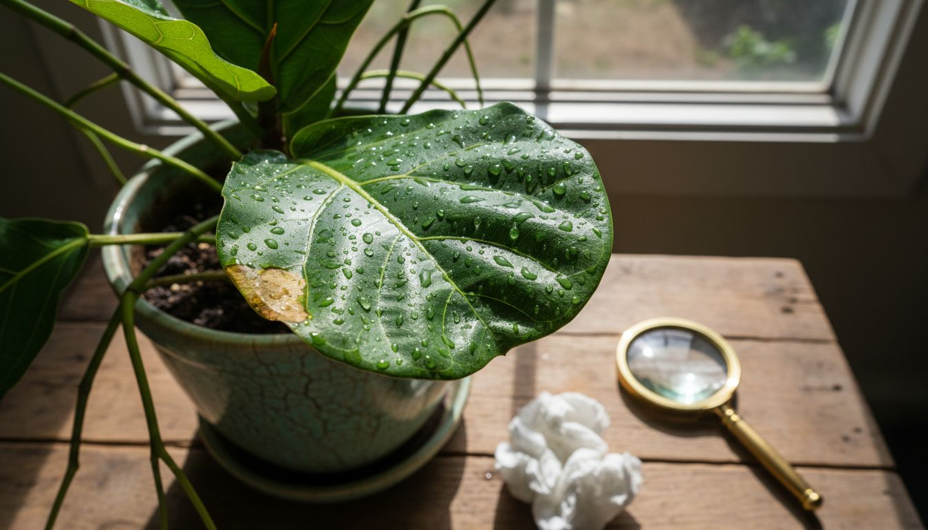 Close-up of houseplant leaf with sunlight