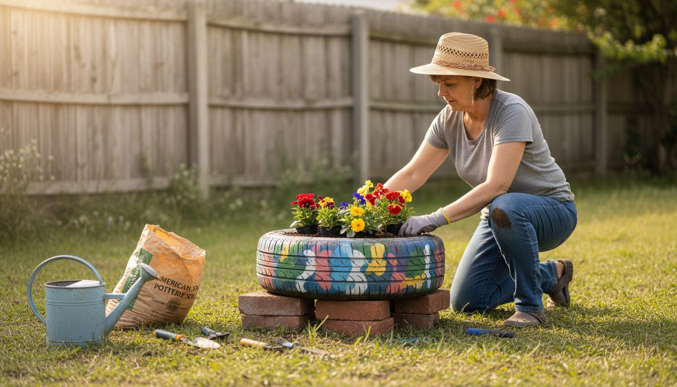 Woman upcycling tire planter in garden