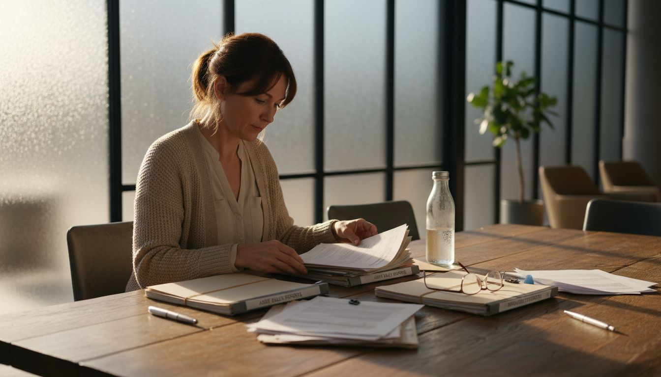 Woman sorting capital gains documents