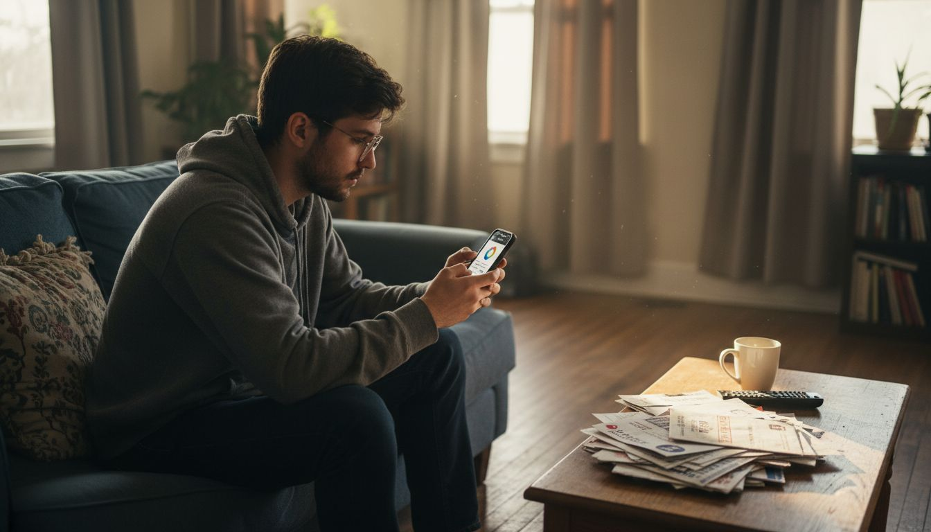 Man tracking expenses on smartphone