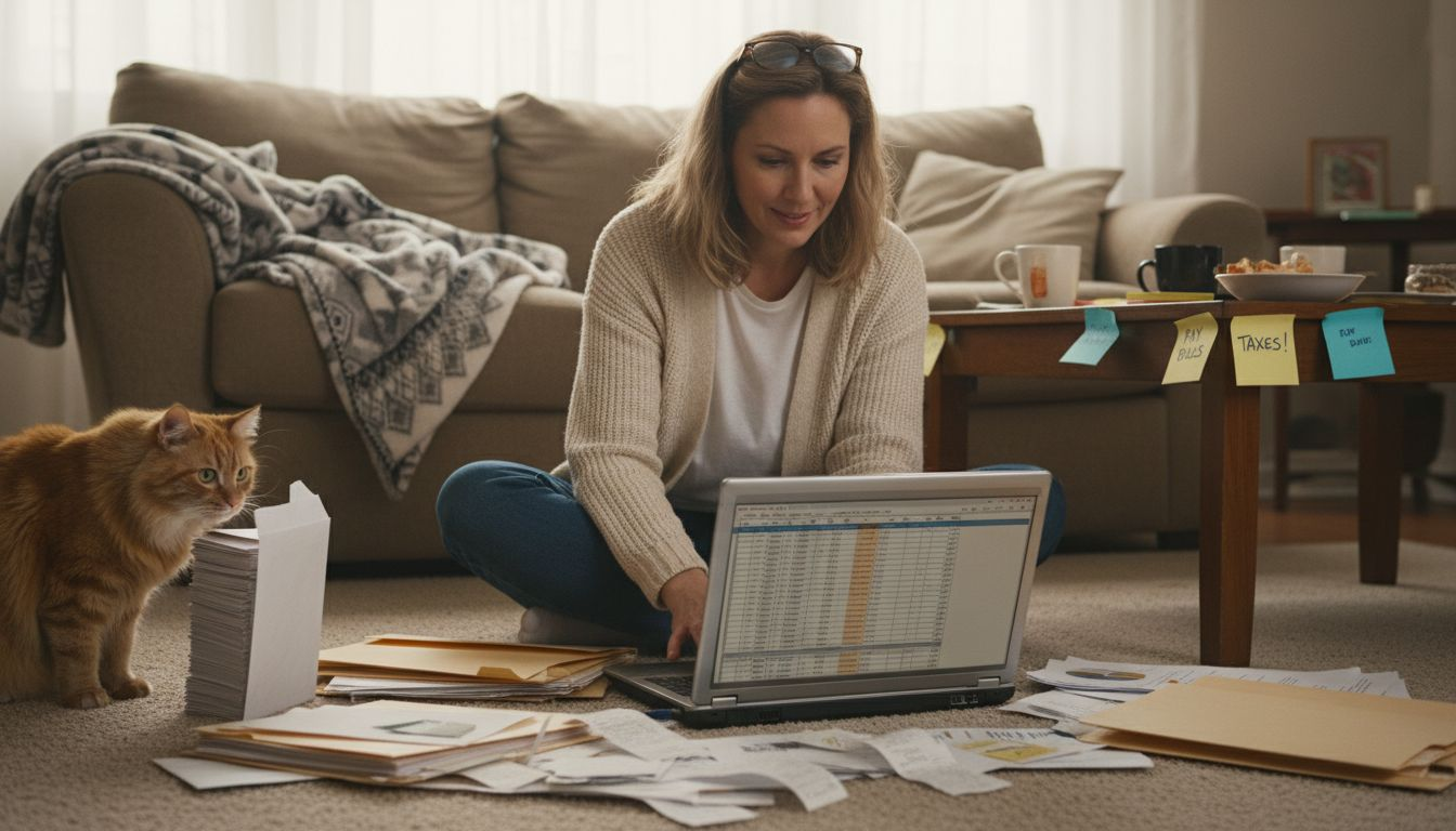 Woman reviewing deductions with receipts at home