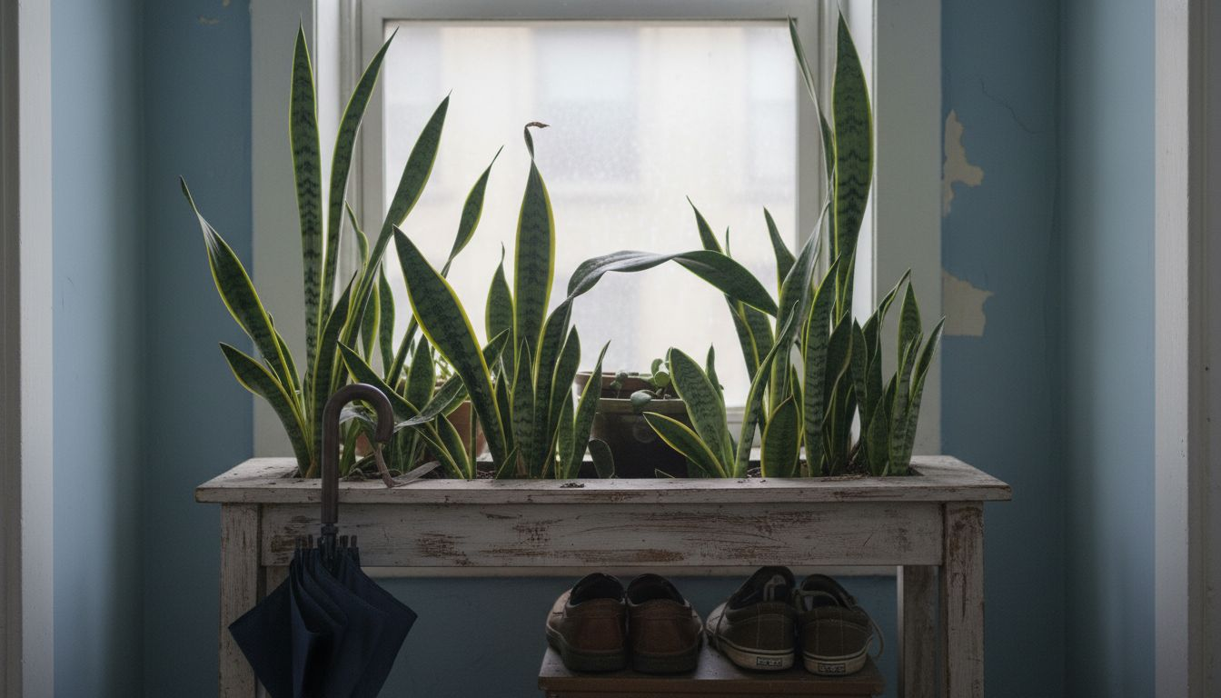 Closeup mixed snake plant varieties at window