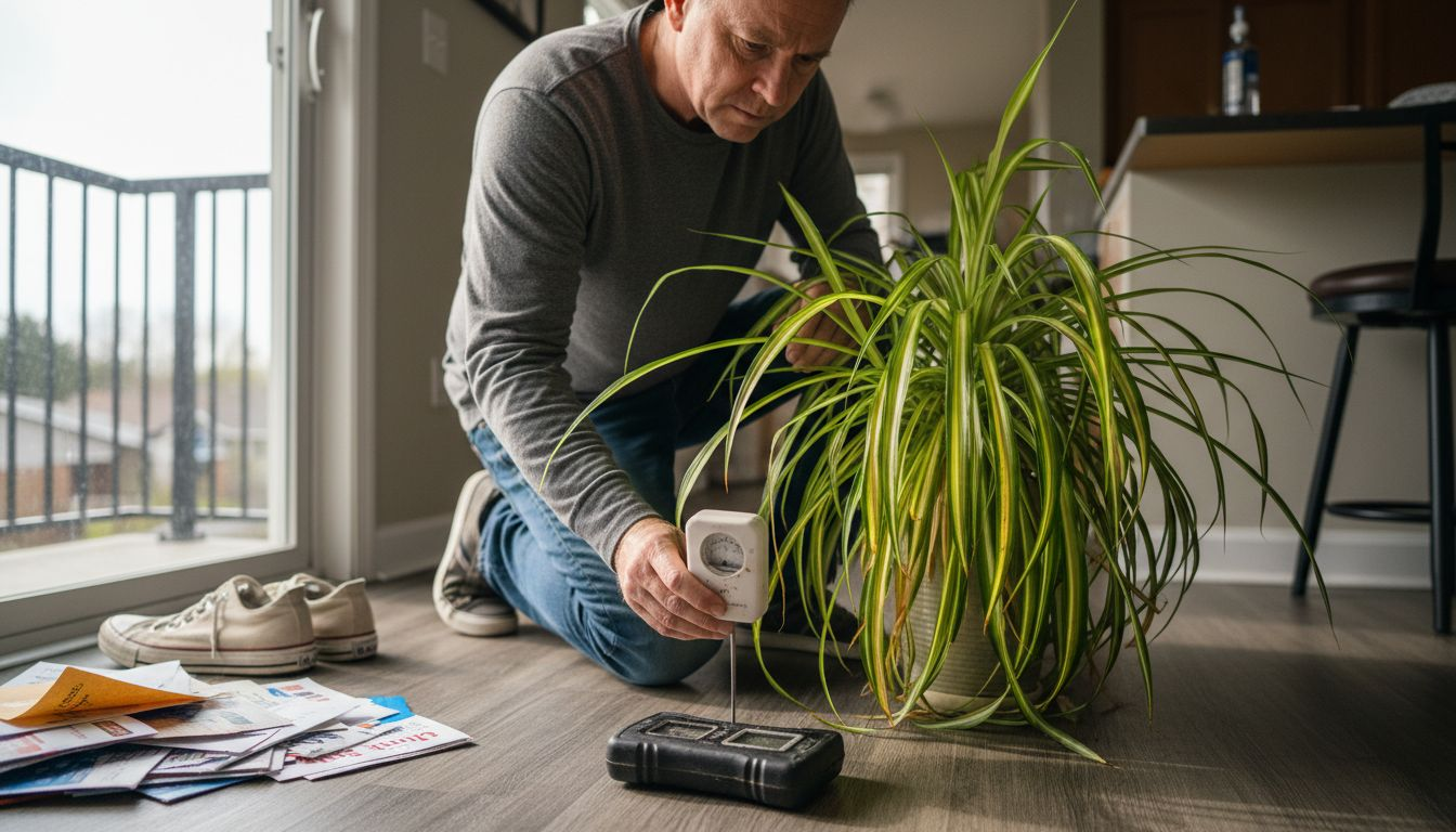 Man using moisture meter on yellowing plant