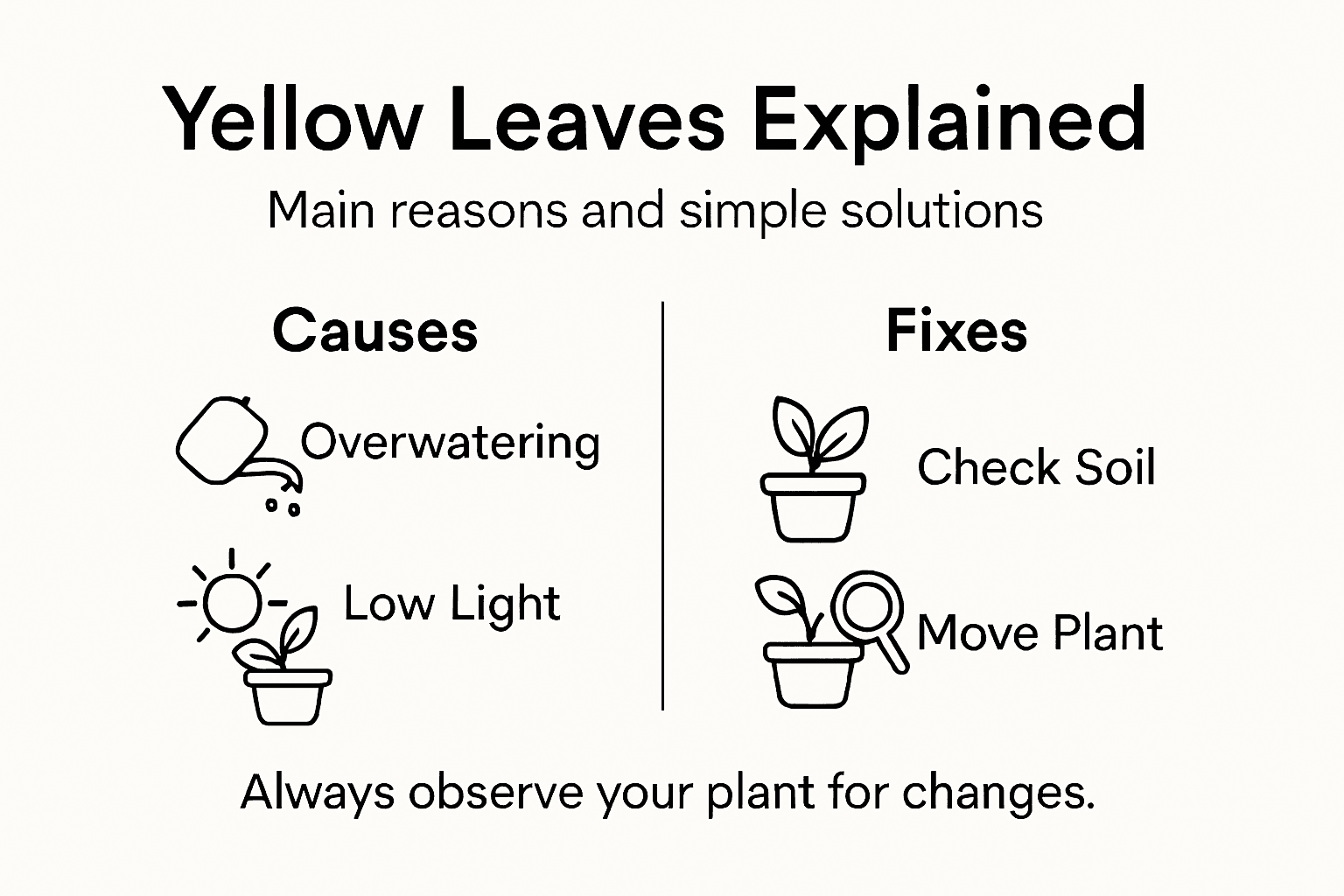Infographic showing main causes and solutions for yellow leaves
