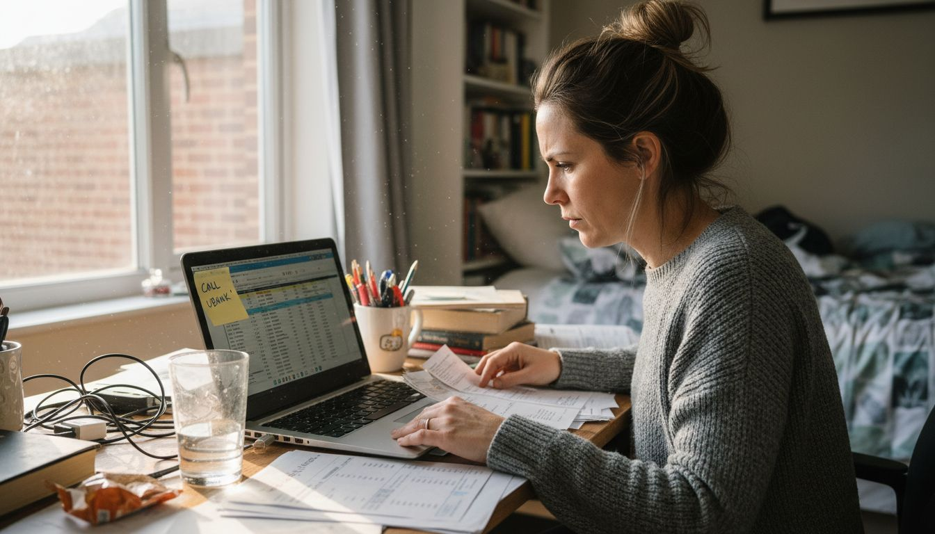 Woman tracking debts with spreadsheet