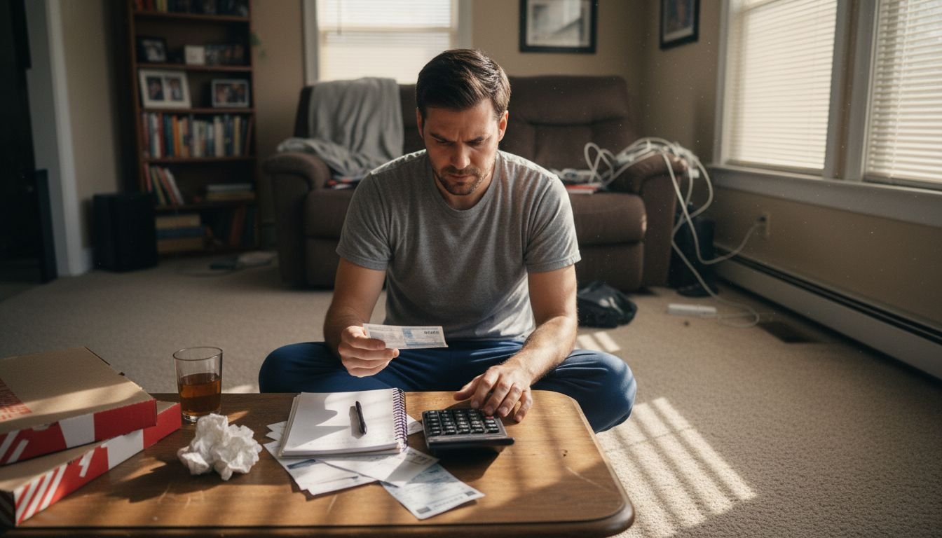 Man working on paying down debt at home