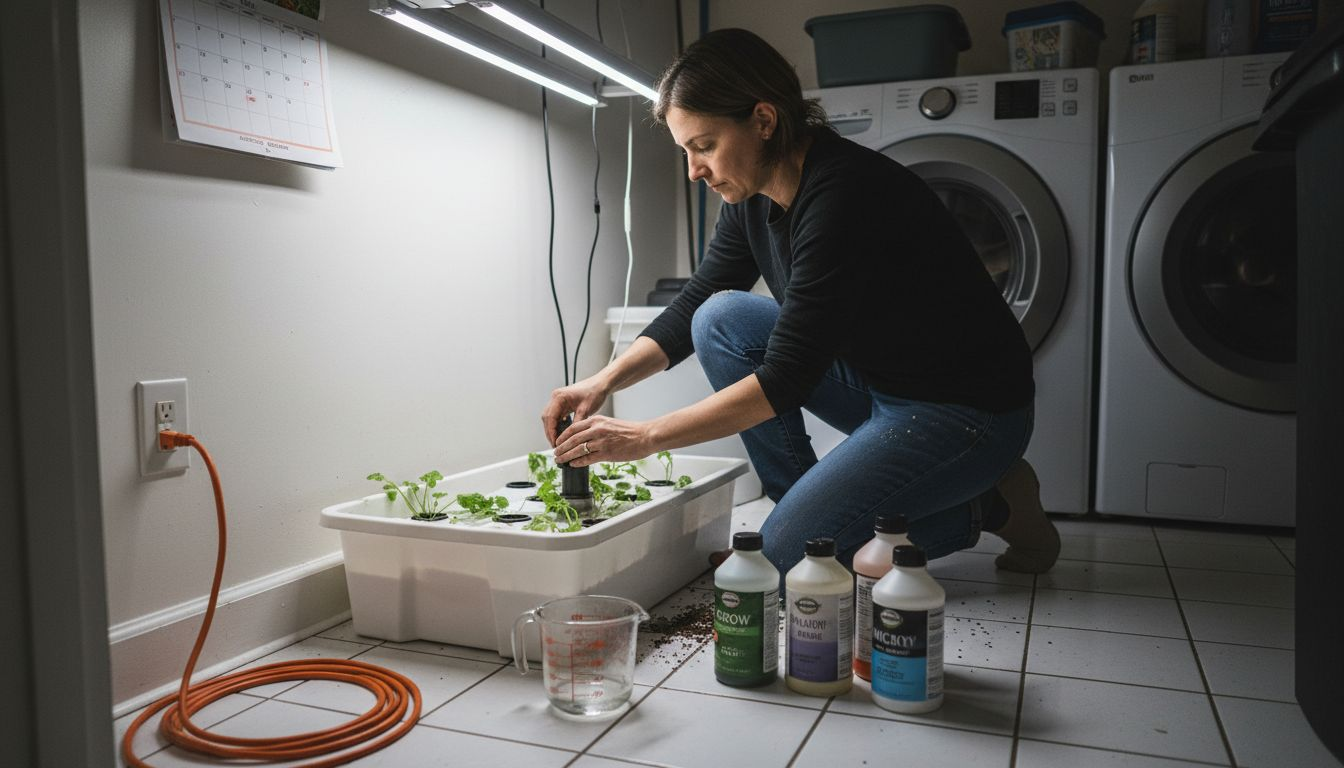 Woman setting up home hydroponic reservoir