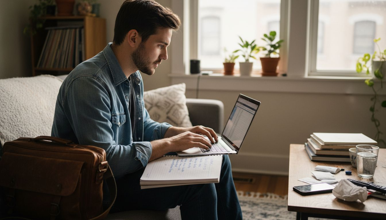 Man comparing different savings account options at home