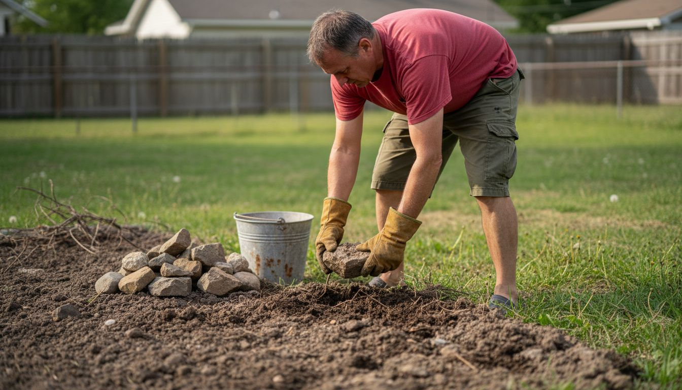 Gardener removing rocks and debris from soil