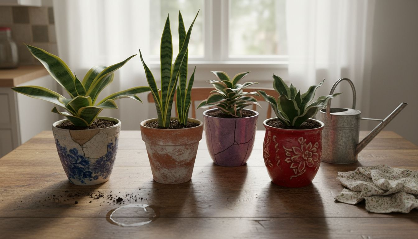 Different mother-in-law plant varieties on a kitchen table