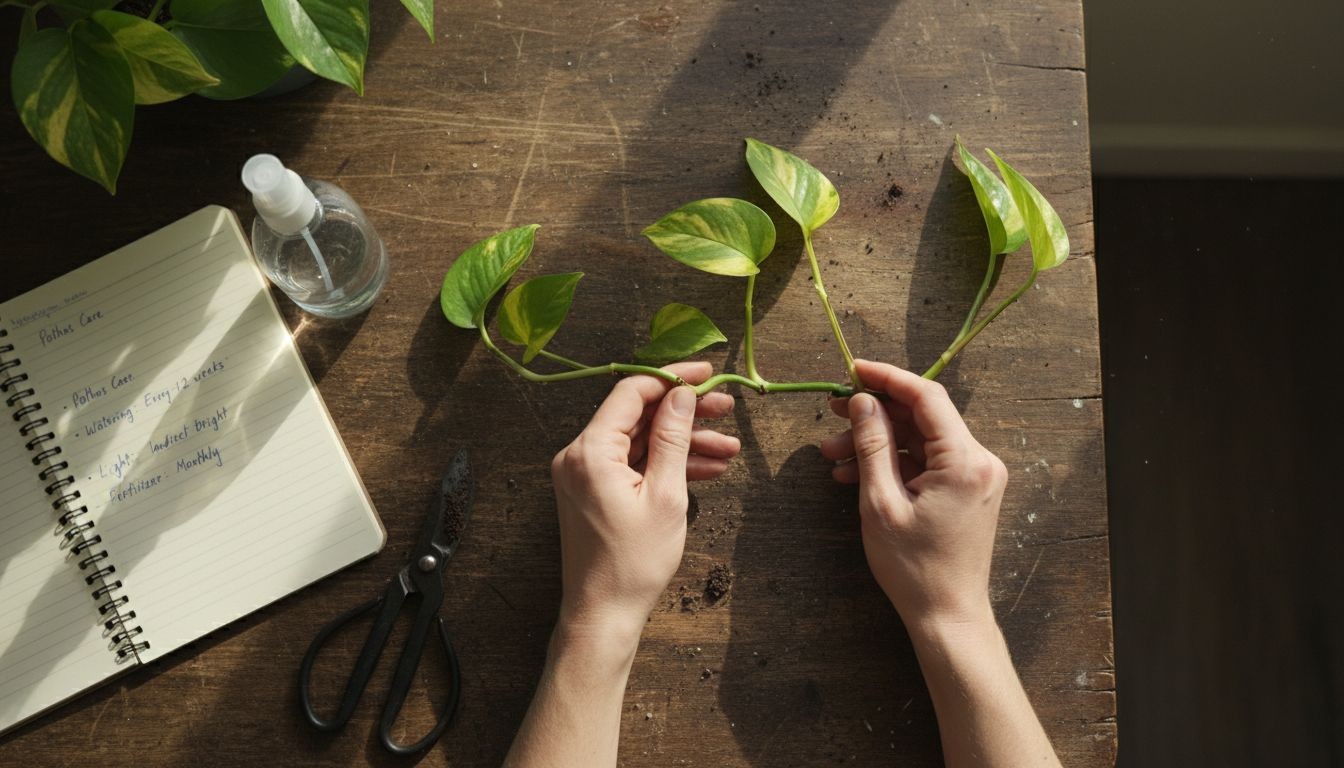 Hands holding yellowing pothos leaves for diagnosis