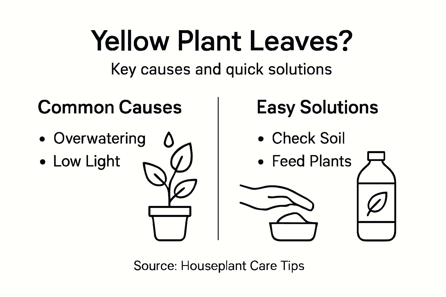 Infographic showing causes and fixes for yellow leaves