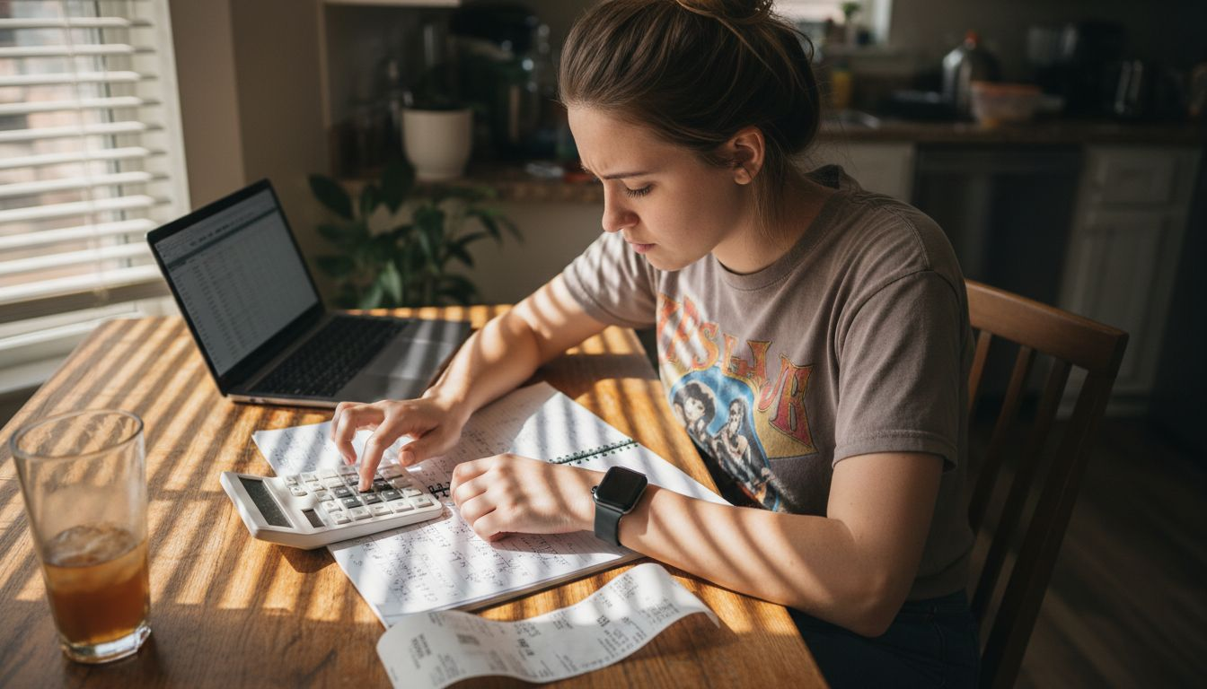Young woman calculating investment growth at table