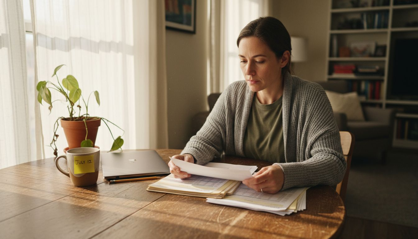 Woman reviewing investment statements at home table