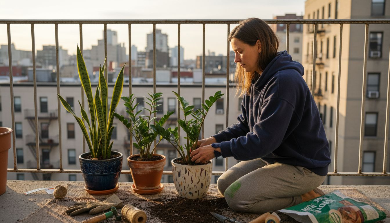 Apartment balcony container gardening with snake plant