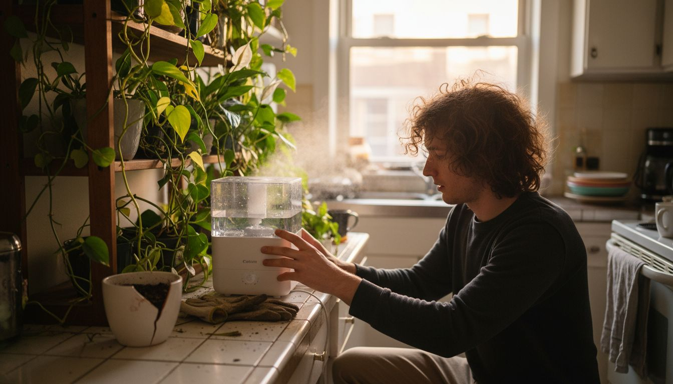 Man using humidifier near tropical houseplants