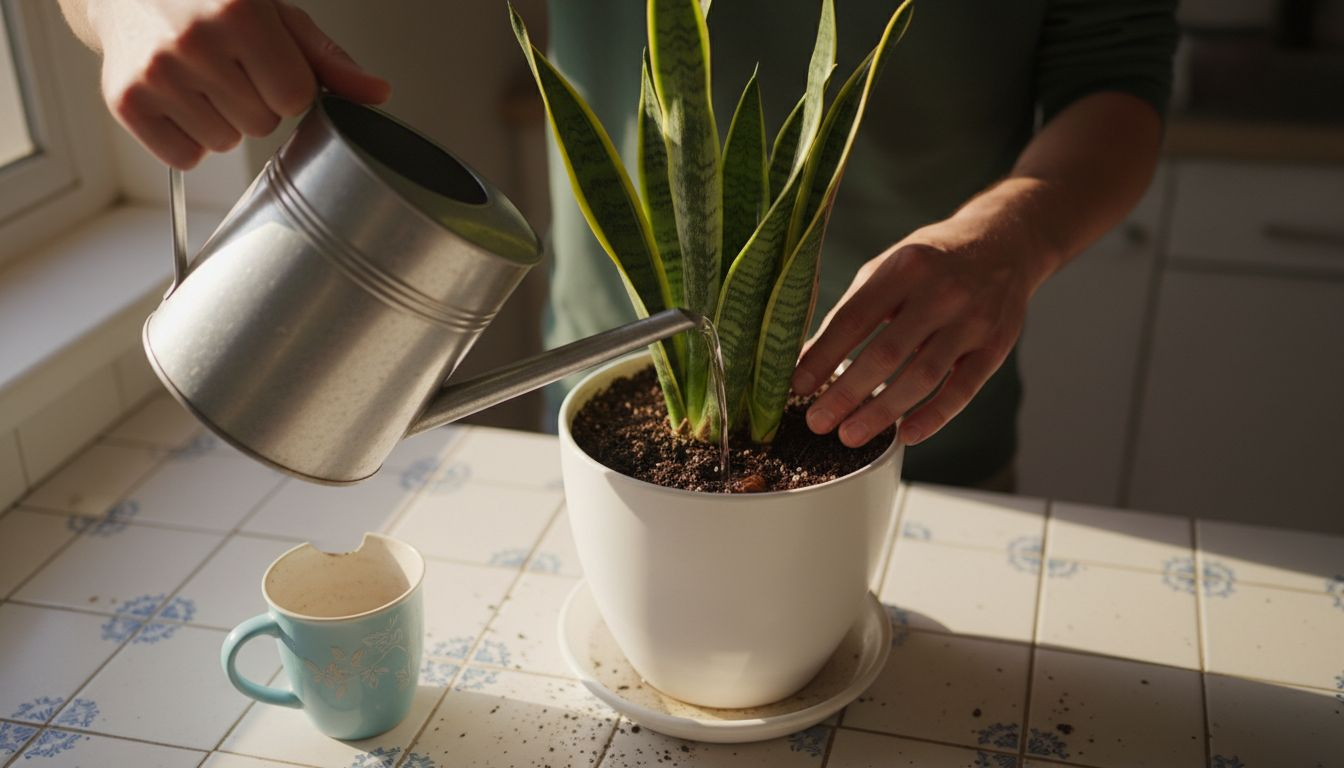 Snake plant watering with drainage showing