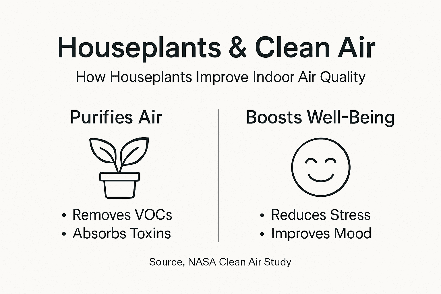 Infographic showing houseplants’ air cleaning and wellness benefits