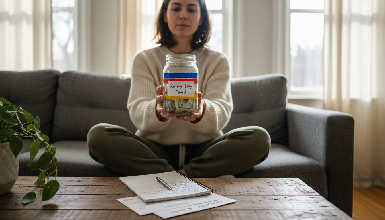 Woman saving money in emergency fund jar