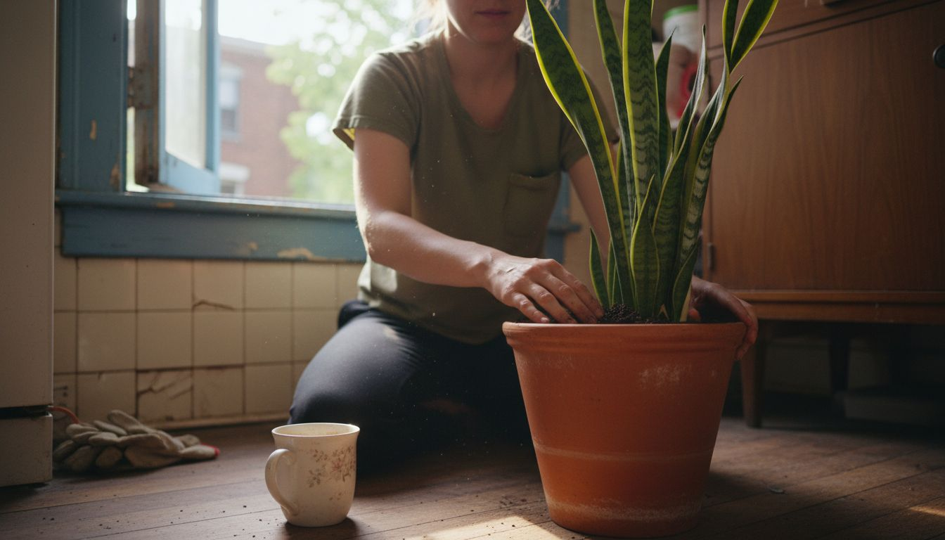 Woman checks snake plant soil in kitchen